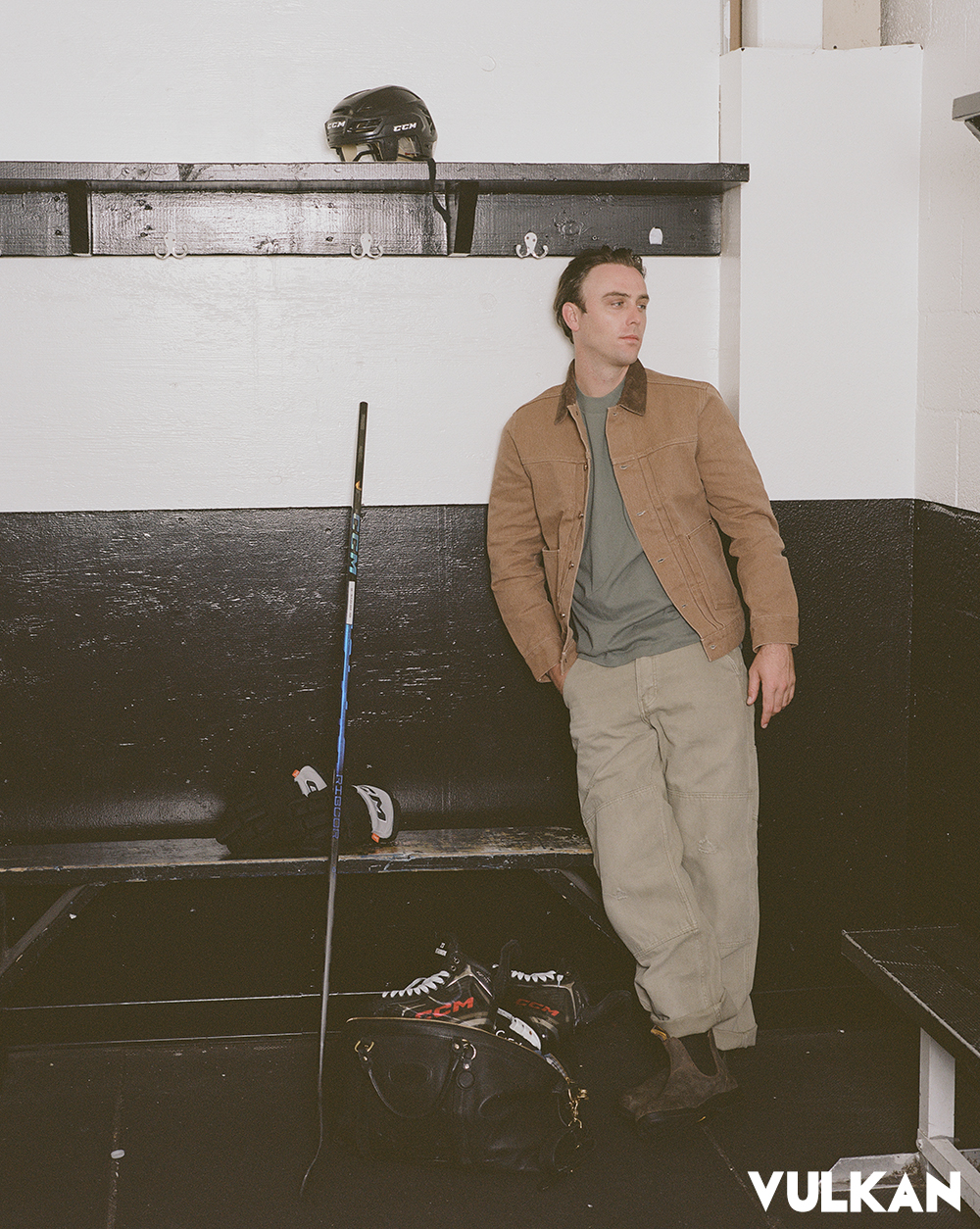 Taylor Stitch jacket AllSaints tee AllSaints pants Blundstone boots CCM gloves and skates