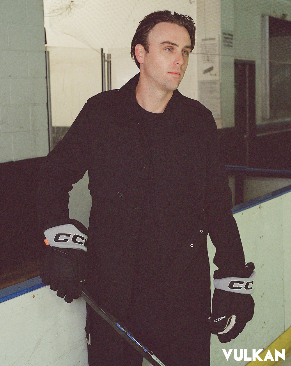 AllSaints jacket Closed pants CCM skates, gloves, and stick