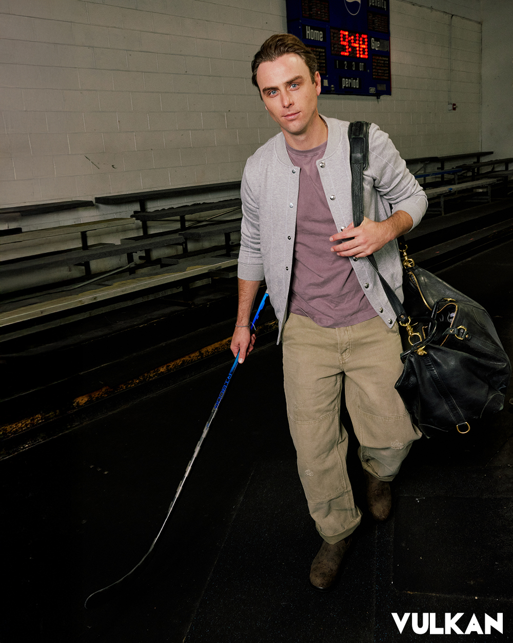 Eleventy jacket Taylor Stitch shirt AllSaints jeans Blundstone boots Korchmar bag CCM stick
