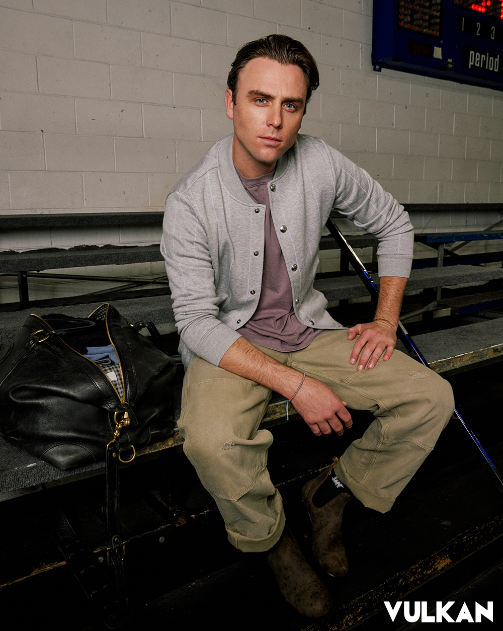 Eleventy jacket Taylor Stitch shirt AllSaints jeans Blundstone boots Korchmar bag CCM stick